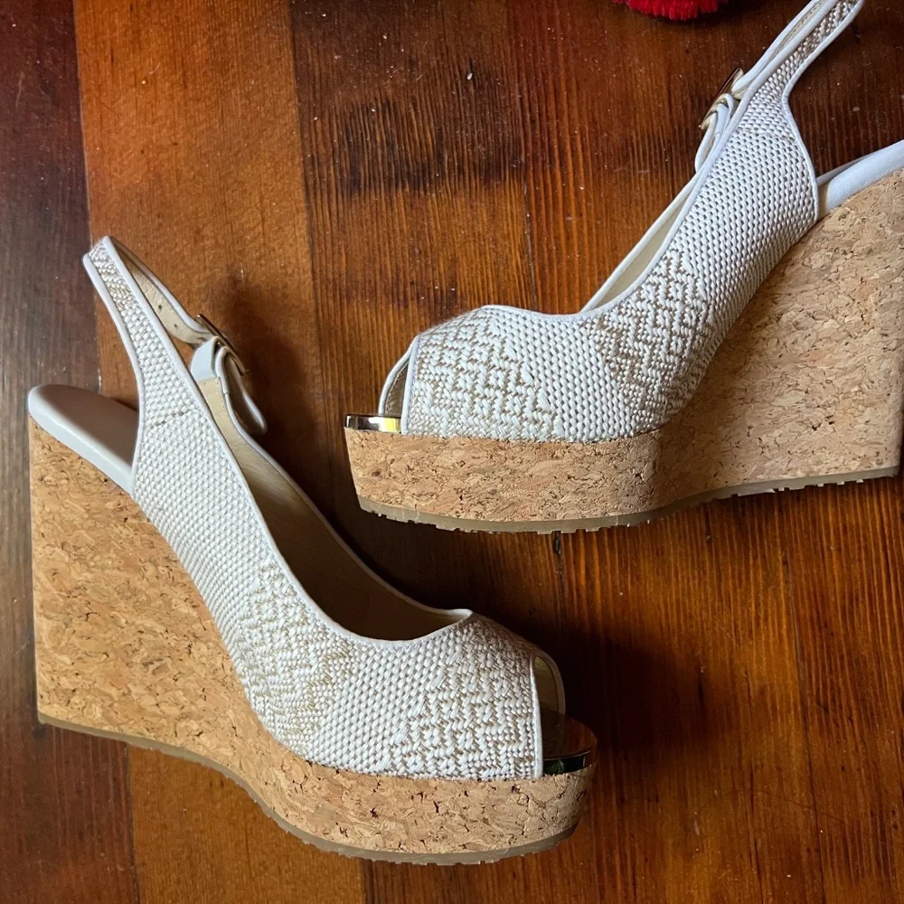 Jimmy Choo White and Natural Cork Woven Peep-Toe Wedge Sandals